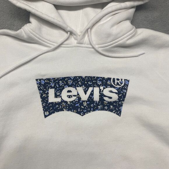 Levis Hoodie Mens Medium White Loud Logo Pullover‎ Drawstring Sweatshirt - Picture 2 of 9